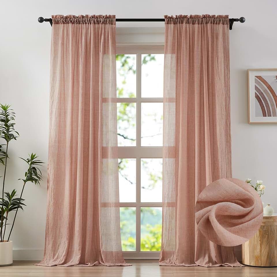 Anpark Elegant Blush Pink Sheer Curtains for Living Room Patio Door, Natural Cotton Linen Textured Light Filtering Semi Sheer Drapes Crinkle Voile Curtains Rod Pocket, W52 x L108 in, 2 Panels