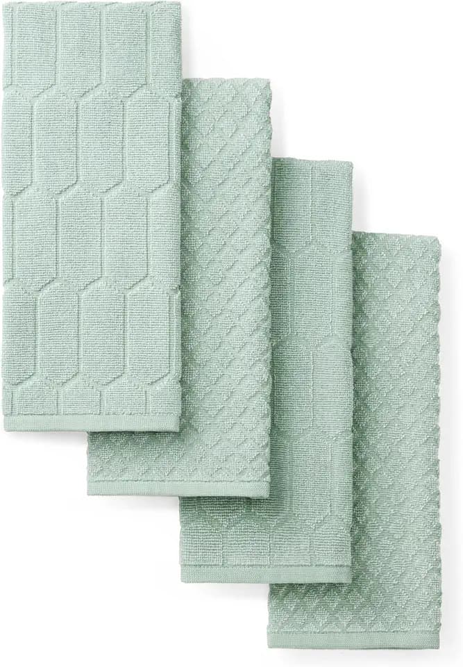 Martha Stewart Honeycomb Chambray Textured Kitchen Towel 4-Pack Set, 100% Cotton with Absorbent Terrycloth, Decorative Kitchen Towels, Mint Green, 16"x28"
