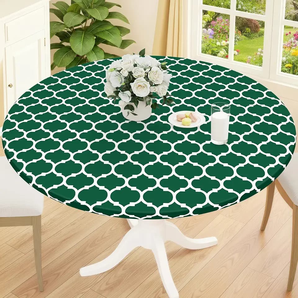 Smiry Round Picnic Tablecloth, Waterproof Elastic Fitted Table Covers for 36" - 44" Tables, Wipeable Flannel Backed Vinyl Tablecloths for Camping, Indoor, Outdoor, Emerald Green & White
