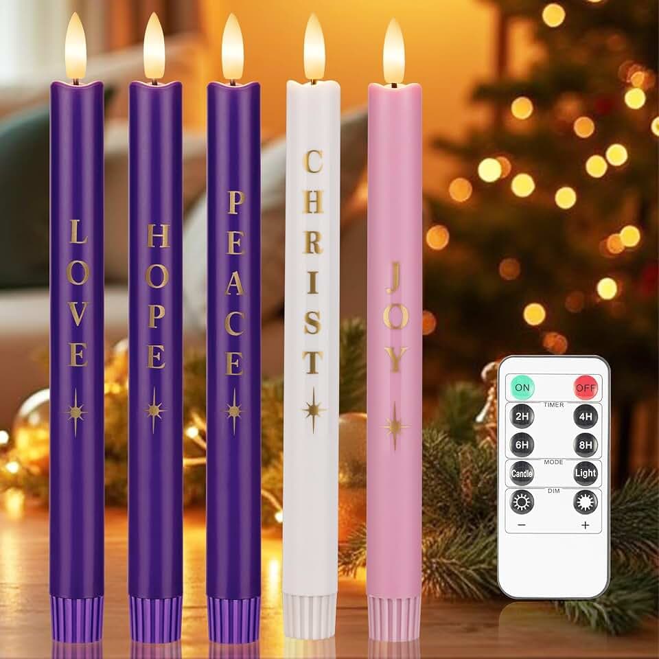 Advent Candles Set of 5, Flameless Taper Candles with Remote, Christmas Purple and Pink Battery Operated Advent Candlestick for Thanksgiving Xmas Advent Wreath Decor, 9.7"