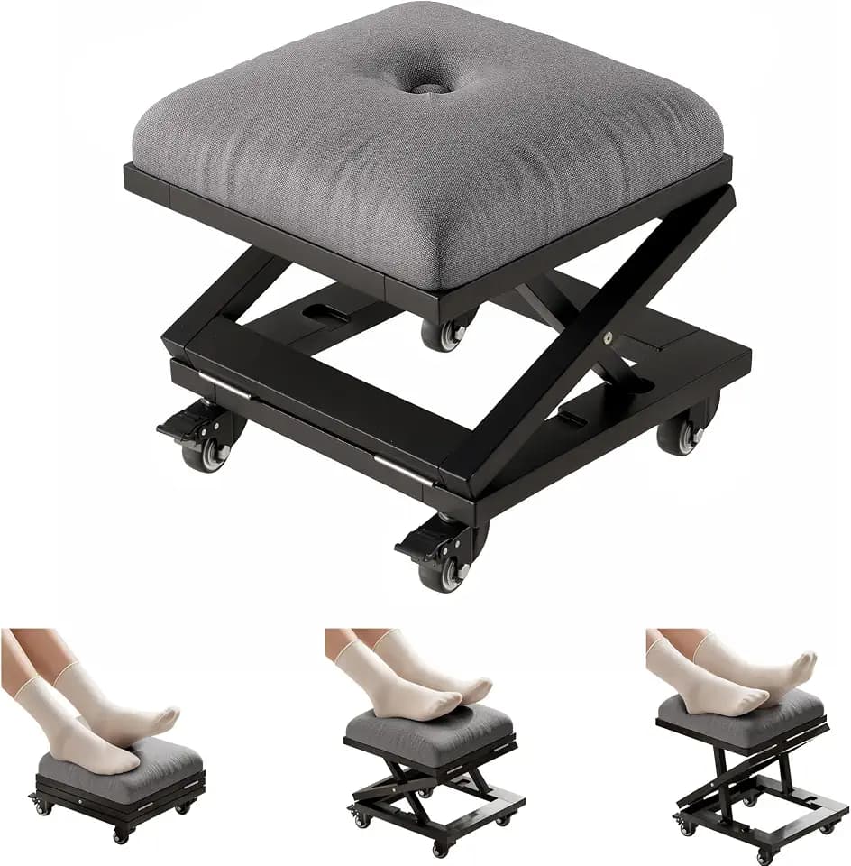 VECELO Foot Rest Under Desk at Work, Height Adjustable Rolling Foot Stool with Wheels, Cushioned Seat for Living Room, Bedroom, Home Office, Grey