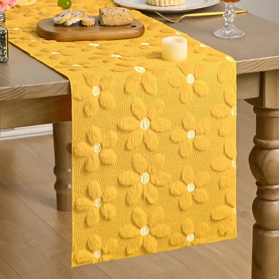 Artoid Mode Yellow Soft Plush Faux Fur Jacquard Embroidery Daisy Spring Table Runner, Kitchen Dining Table Decoration for Home Party Decor 13x72 Inch