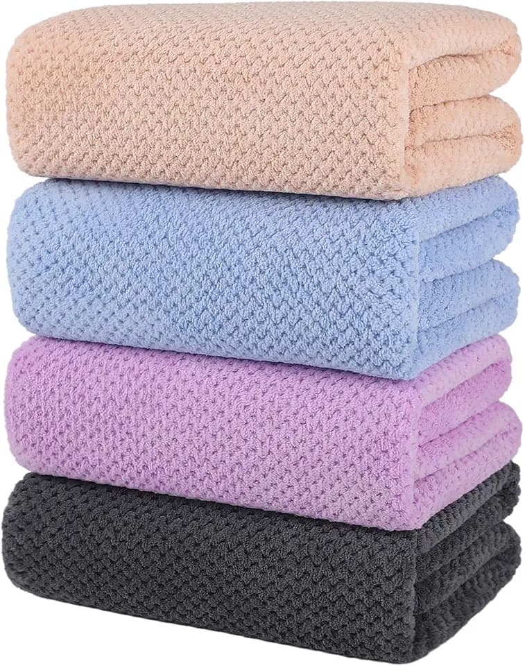 4 Pack Bath Towel Set, Lightweight Waffle Bath Towel Set, Microfiber Super Soft Highly Absorbent, Sturdy Quick Drying Towels for Bathroom, Gym, SPA, Yoga (4 Pack)