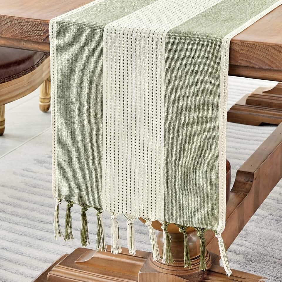 Wracra Linen Table Runner, Stripe Table Runners 90 Inches Sage Green