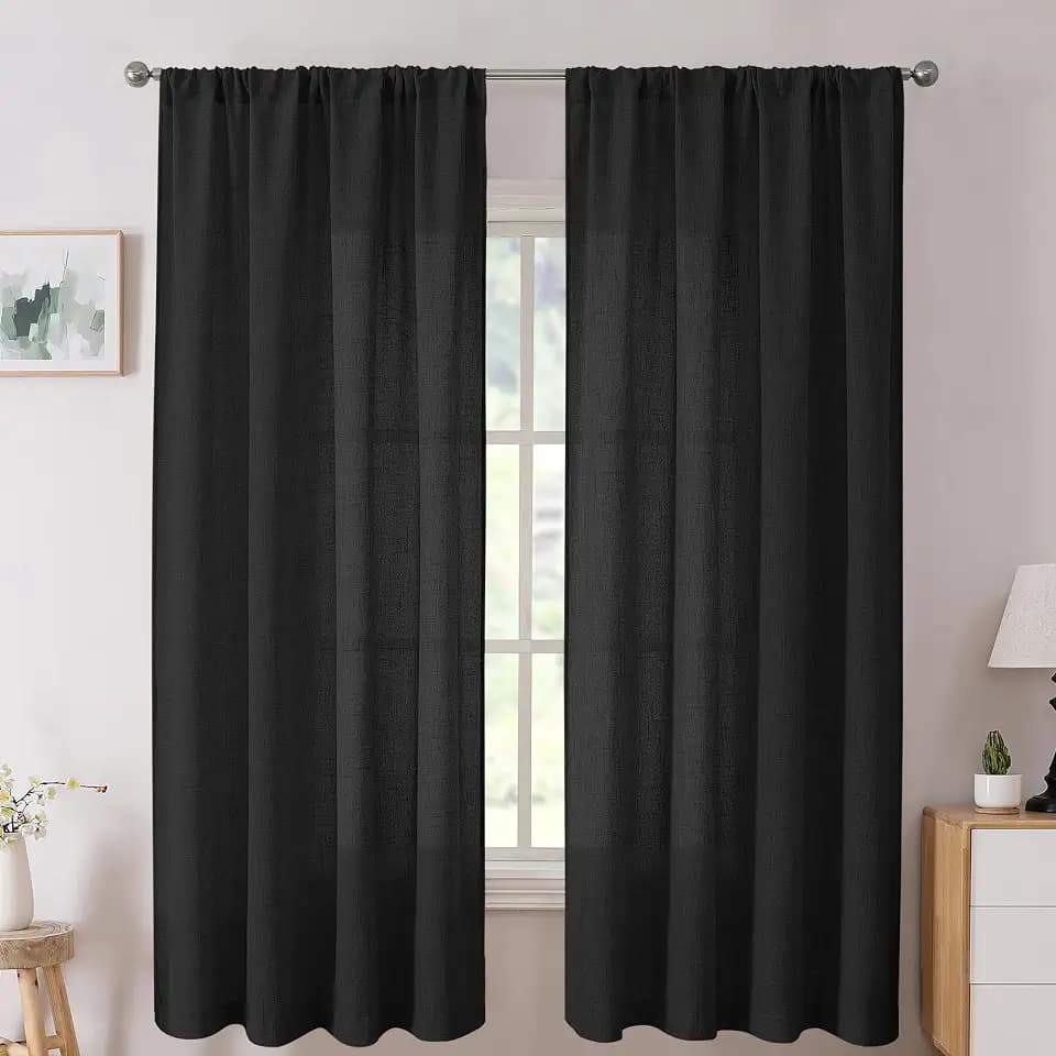 Tollpiz Short Linen Curtains Bedroom Rod Pocket Semi Sheer Curtain Burlap Light Filtering Thick Linen Drapes for Living Room, 38 x 45 inches Long, Black, Set of 2 Panels