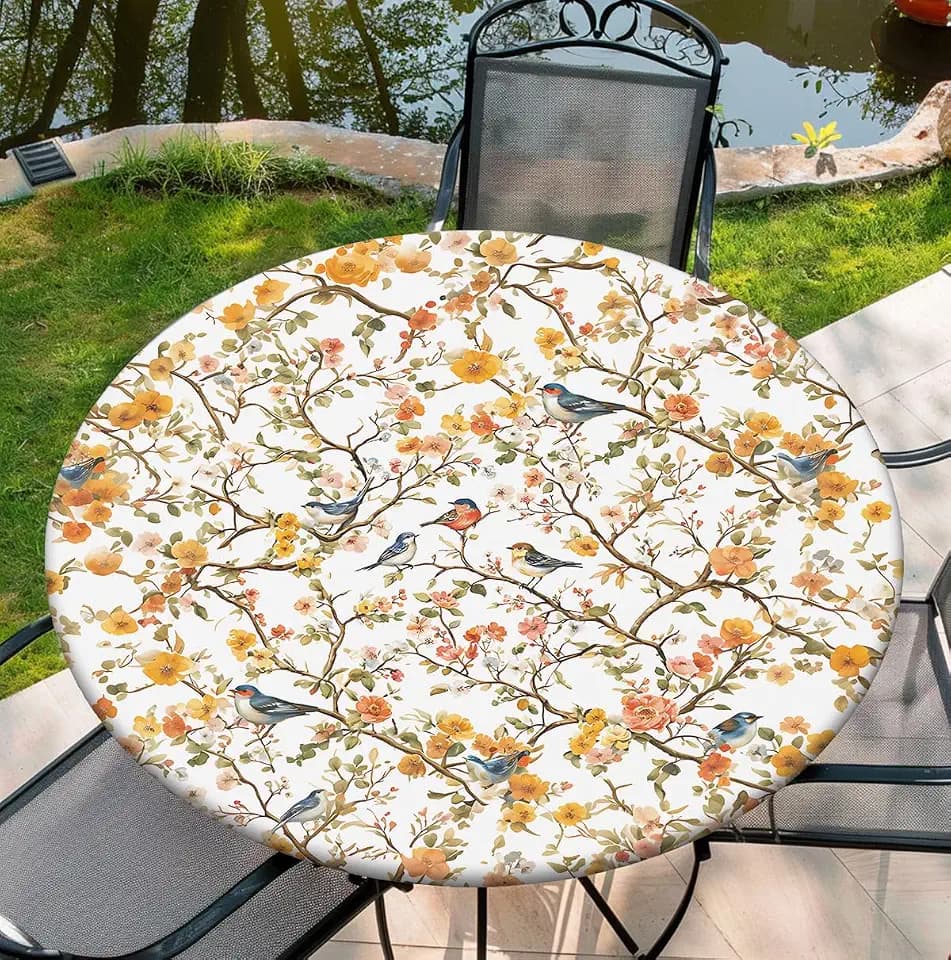 Round Tablecloth with Elastic Edge, 36-60Inch Waterproof Table Cloth for Dinner, Outdoor, Picnic, 60inch, Autunm Bird