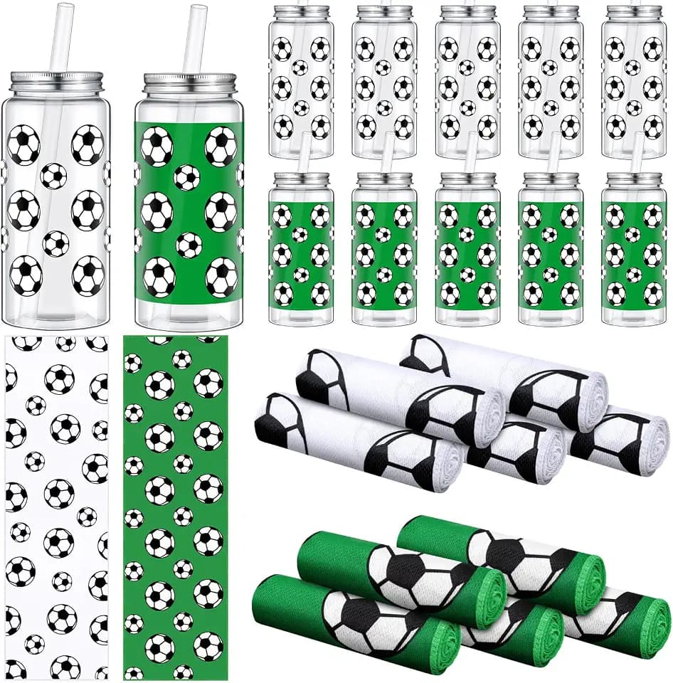 SmoothNovelty 24 Pcs 14.2 Oz Soccer Plastic Cups Bulk Soccer Cooling Towel Set Include 12 Sport Theme Cups with Straw and Lid 12 Ice Towel for Sport Party Favors Player Team Gifts