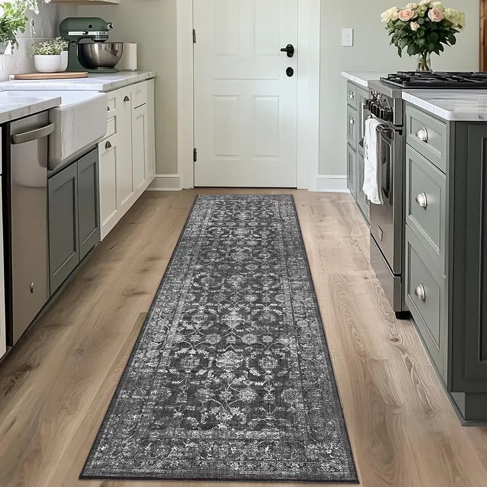2.6x8 Washable Kitchen Runner Rug Non-Slip Vintage Black Throw Carpet