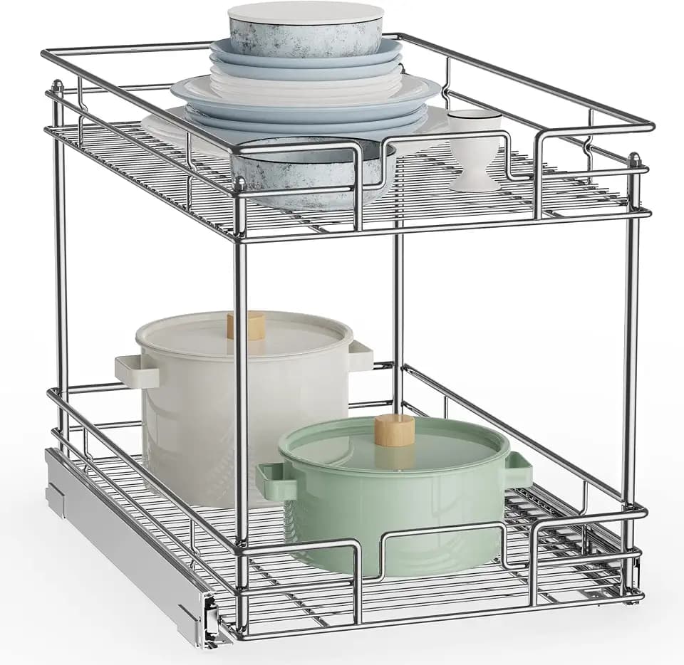 ROOMTEC New Version Pull Out Cabinet Organizer for Base Cabinet (20" W X 18" D), Kitchen Cabinet Organizer and Storage 2-Tier Cabinet Pull Out Shelves Under Cabinet Storage for Kitchen Silver,Chrome