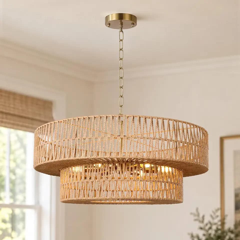 26 Inch Boho Rattan Chandelier, 6-Lights Hand Woven Bohemian Chandeliers with 2-Tier Drum Wicker Shade, Modern Farmhouse Large Pendant Light Fixture for Dining Room Living Entryway Bedroom