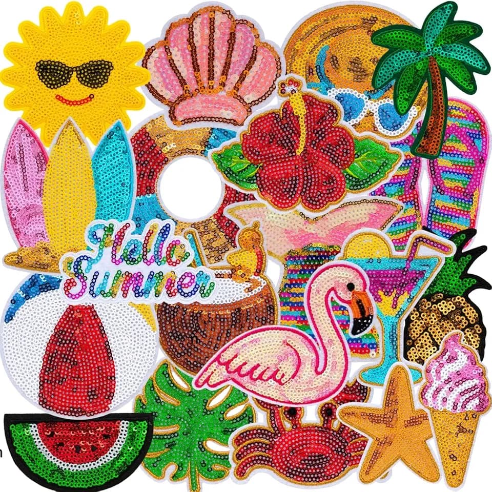 Summer Sequin Iron On Patches,20Pcs Beach Tropical Themed Embroidered Appliques,Colorful Sew On Decorative Patches for Clothes Jackets Backpacks Jeans DIY Decor