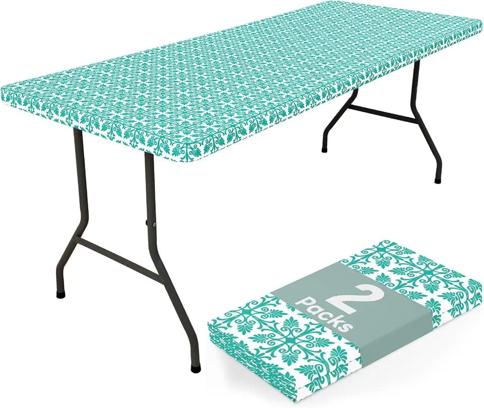 misaya 2 Pack 6 Foot Rectangle Picnic Tablecloth, Elastic Fitted Waterproof Table Cover, Windproof Washable Polyester Table Cloth for Camping, Indoor and Outdoor (Teal, 30" x 72")