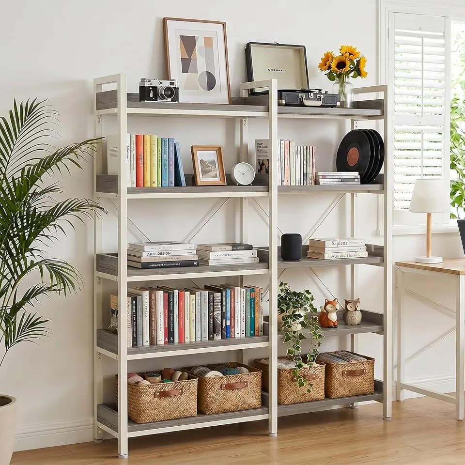 GTPLAYER 5-Tier Corner Bookshelf, L-Shaped Metal Frame Shelf with Tall 14" Shelves, Plant Stand and Storage Rack for Small Spaces, Living Room and Home Office, Gray