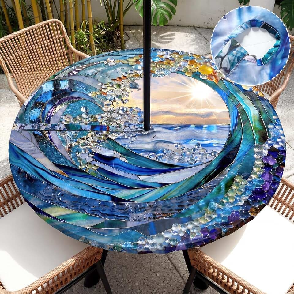 HunnmingRe Ocean Wave Round Tablecloth with Umbrella Hole, 45"-53"