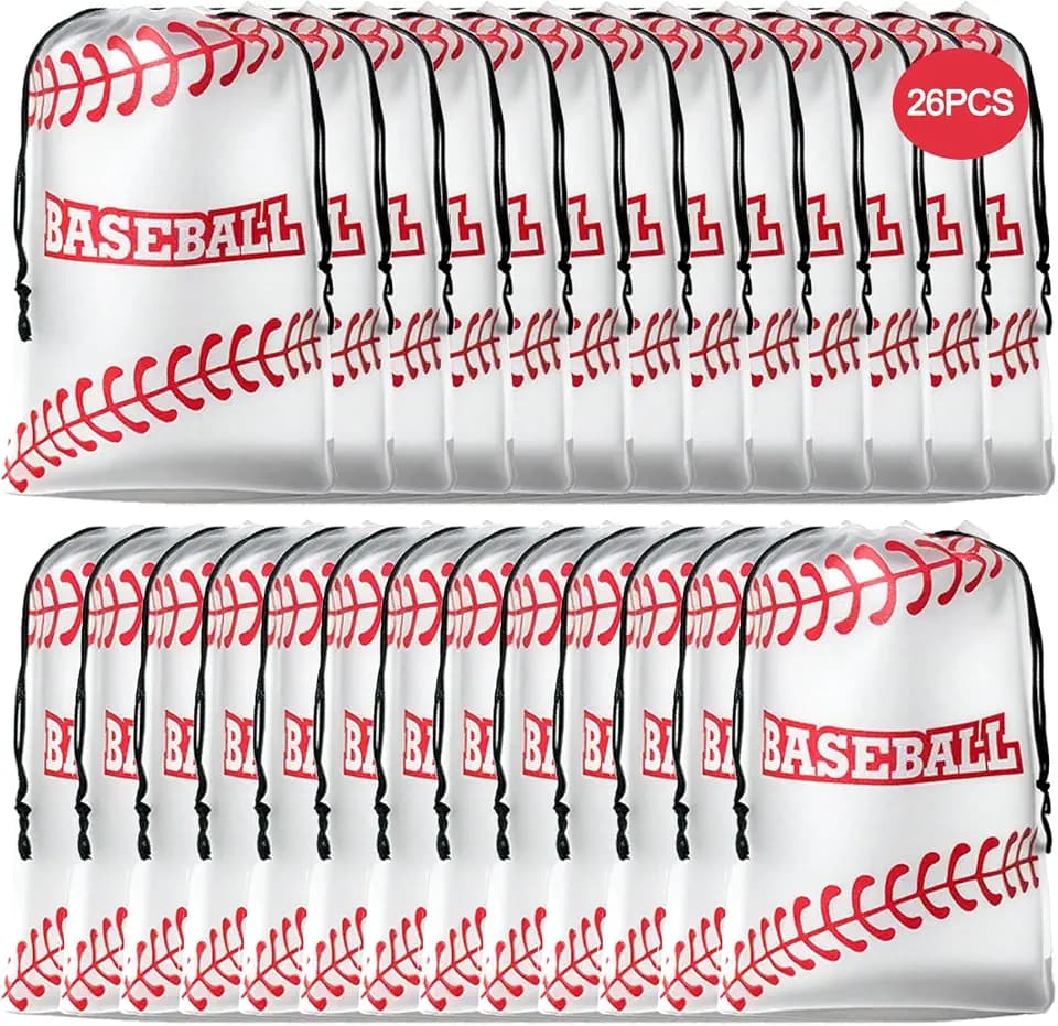 26 Pack Baseball Drawstring Gift Bags, 8" x 12" Reusable Baseball Goodie Bags, Waterproof Baseball Party Favor Bags for Snack Treat, Plastic Packaging Storage for Baseball Themed Party Supplies