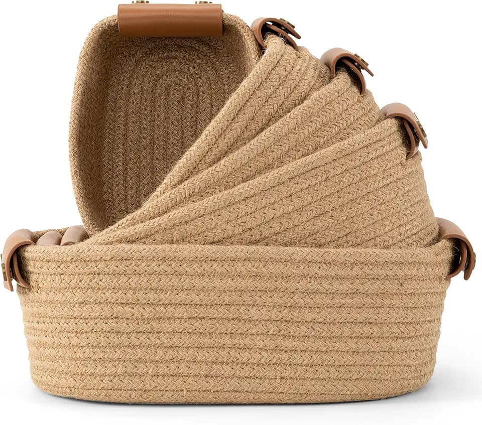 Beautiful Storage Basket Set of 5 - Sturdy Jute Rope Baskets for Shelves