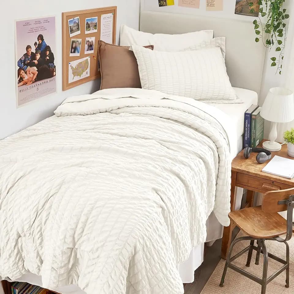 HYMOKEGE Ivory Twin XL Comforter Set Seersucker 5 Pieces, All Season Luxury Bed in a Bag for Bedroom, Bedding Set with Comforter, Sheets, Pillowcase & Sham