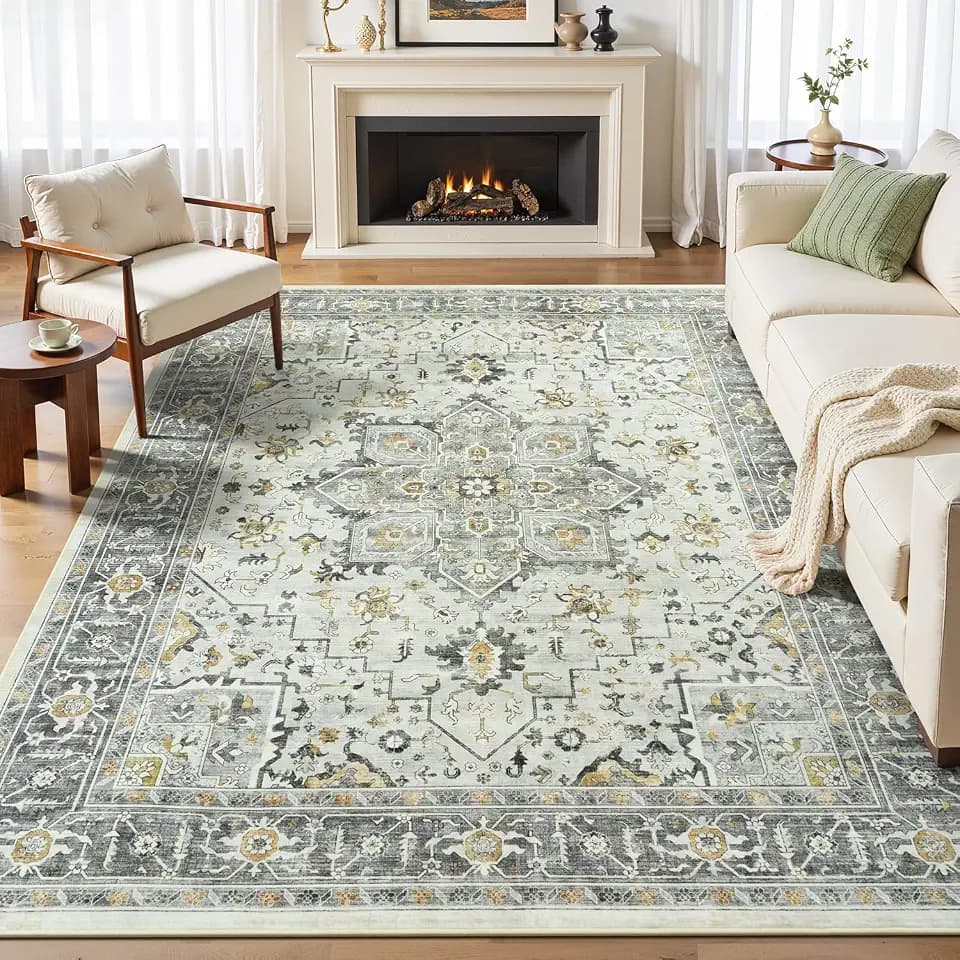 5x7 Washable Living Room Rugs, Modern Vintage Boho Area Rug Taupe