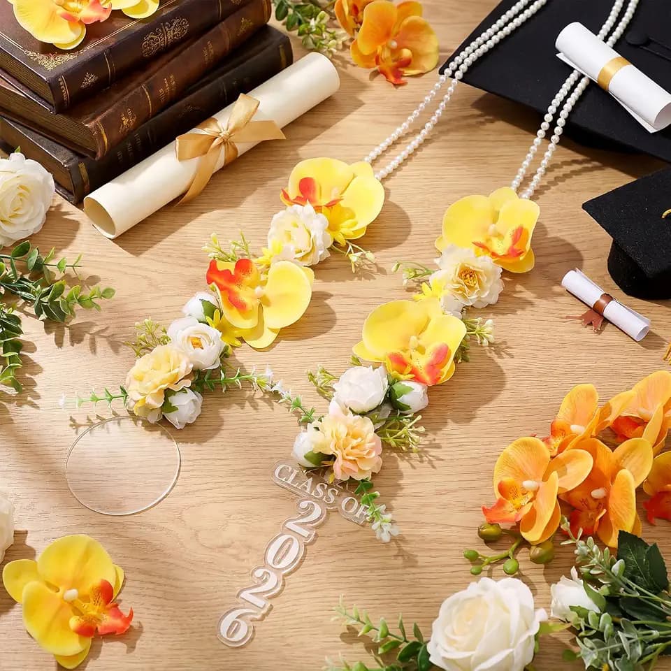 Suncalla Flower Graduation Leis Class of 2026 Grad Yellow Hawaiian Lei Necklace Ribbon Garland Tropical Artificial Flower Sash for Summer School Ceremony Night Party Gift Photo Prop, 43.31 Inches