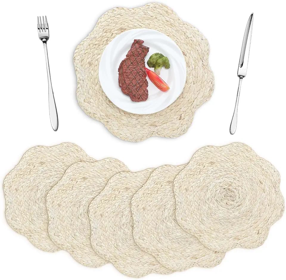6 Set 13 Inch Round Scalloped Woven Placemats Boho Rattan Natural Hand Woven Place Mats Farmhouse Wicker Table Dinner Plates Chargers for Home Dining Decor