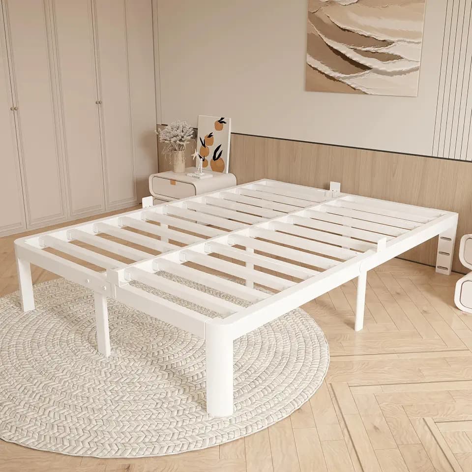 14 Inch King Bed Frame with Metal Gaskets, No Box Spring Needed, Heavy Duty Steel Support 3500 LBS, DIY Headboard, Easy Assembly, Anti-Slip Mattress Stopper, Round Corner Leg, White