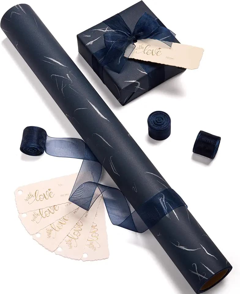 Vitalizart Blue Wrapping Paper Set 17" Foil Print With Ribbons & Gift Tags