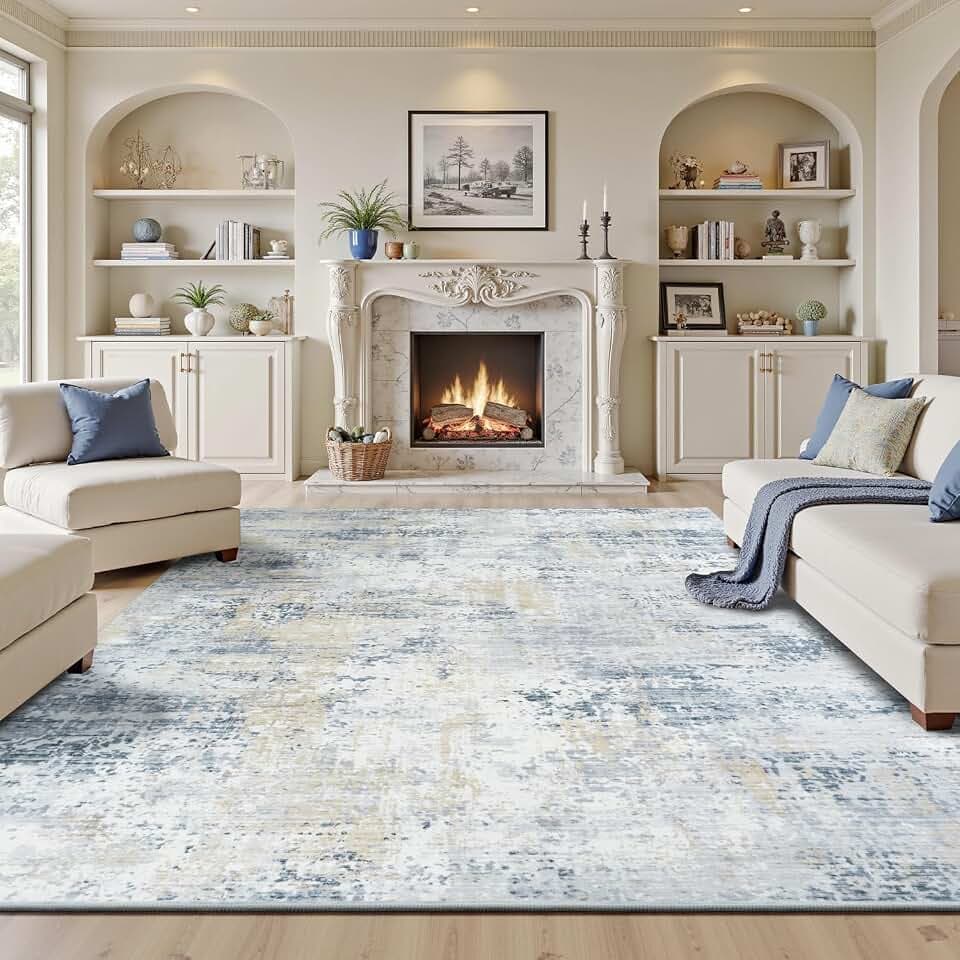 8x10 Area Rugs for Living Room, Washable Abstract Rug, Blue/Beige