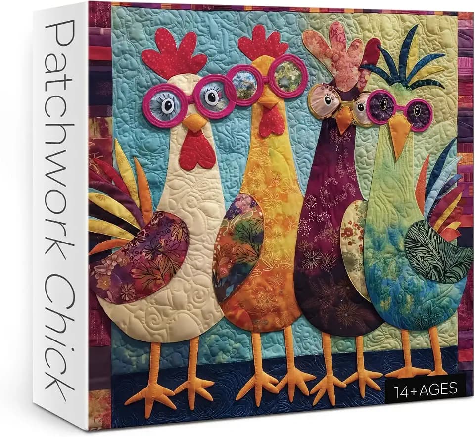 Funny Chicken Puzzles for Adults 1000 Pieces, Colorful Quilt Rooster Jigsaw Puzzle Animal, Vintage Embroidery Patchwork Art Puzzle