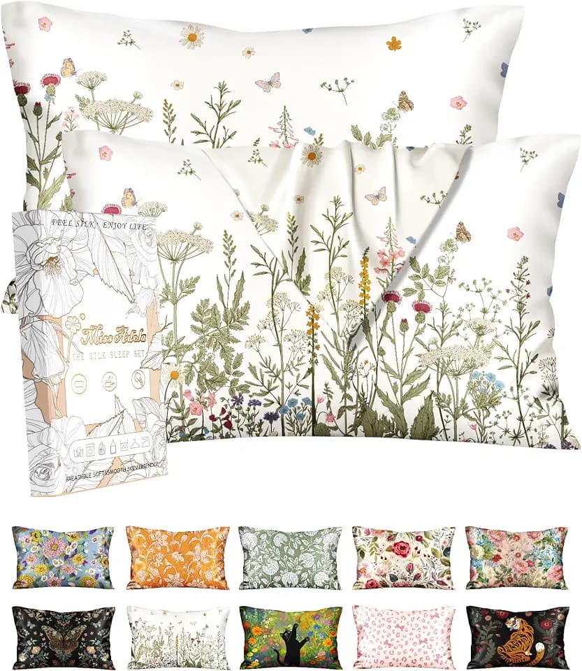 Miss Adola 2 Pack Silk Pillowcases, Queen Size, Wildflower Meadow