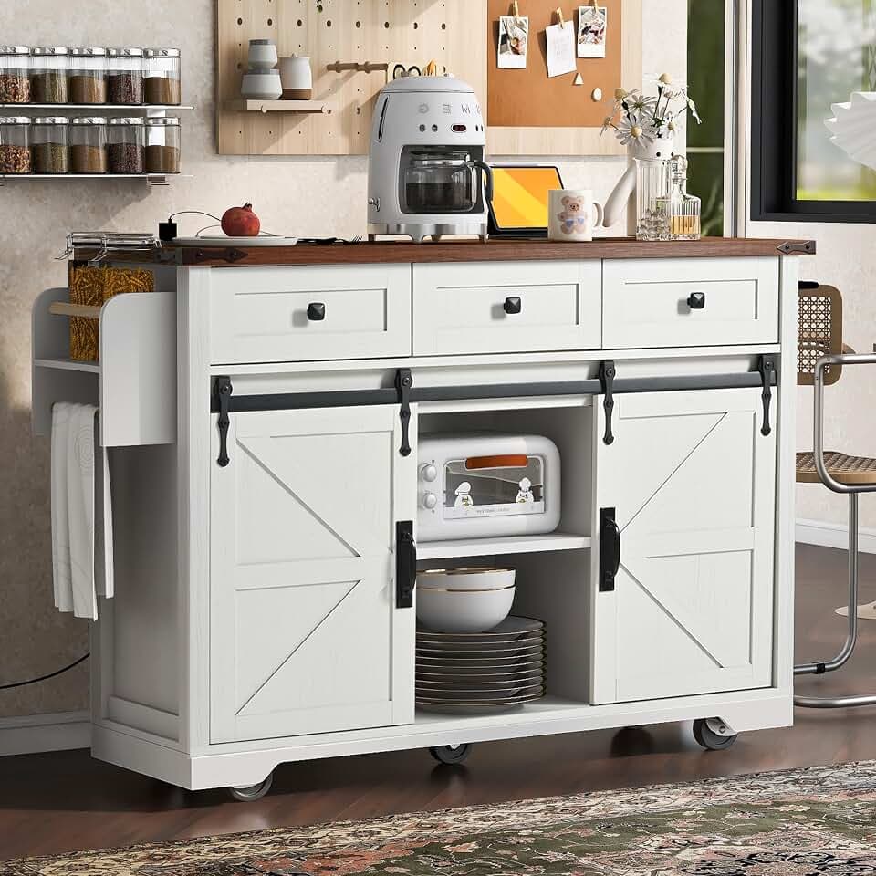 53.7" Kitchen Island with Power Outlet Drop Leaf Barn Door, White