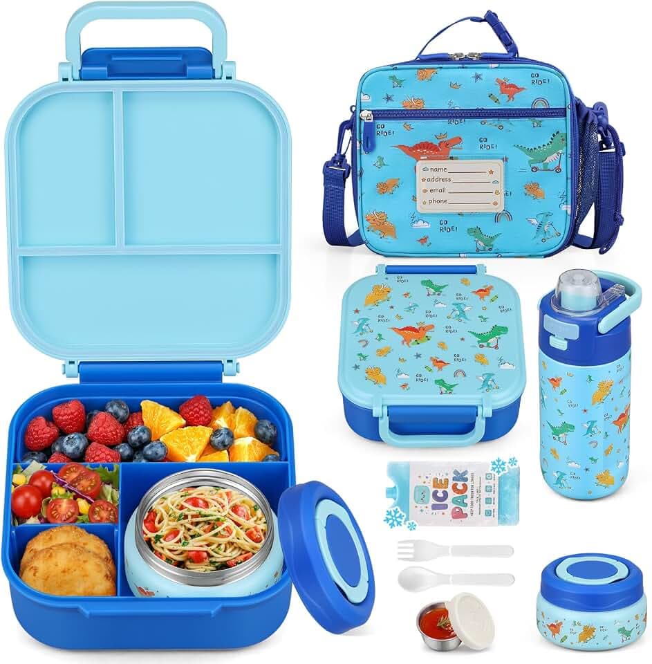 Itslife Bento Lunch Box for Kids Set, insulated food container, 7 oz thermos for hot food, 12 oz thermos water bottle, Reusable Insulated Ice Bag & Fork Spoon Utensils Camping Travel Blue-KL