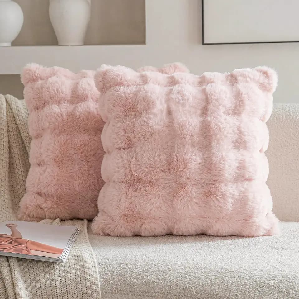 Neelvin Pink Faux Fur Pillow Covers Set of 2, Luxury Soft Fluffy Throw Pillow Covers 18x18inch for Couch, Fuzzy Decorative Plaid Plush Cushion Cases for Living Room Sofa Bedroom Decor
