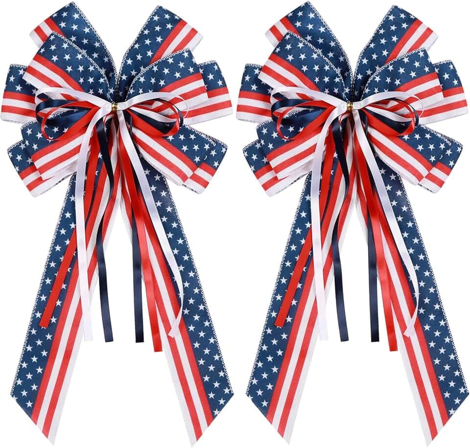 2 Pcs Patriotic Bows for Wreaths Decorations,Red White Blue Stripe String Stars Tree Topper Bow for 4th of July,Independence Day,Memorial Day,Veteran's Day,USA,American Front Door Indoor Outdoor Decor