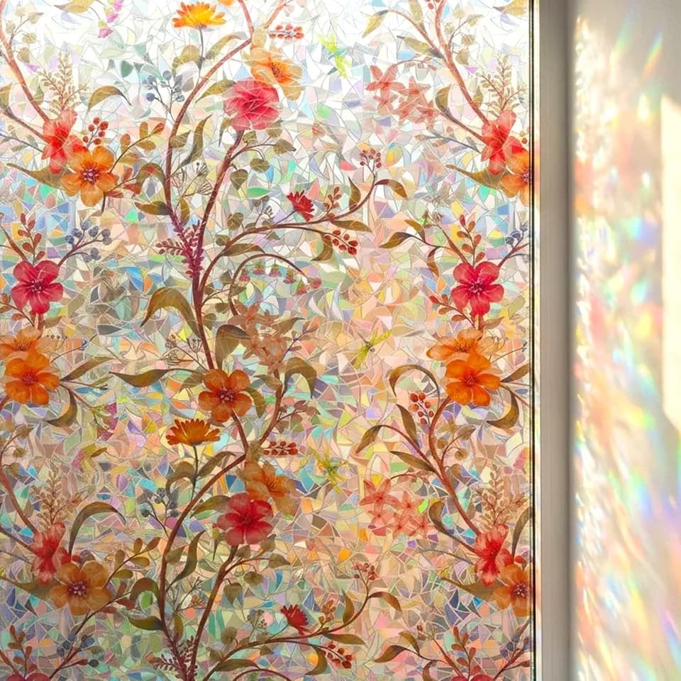 Stained Glass Flowers Window Film Privacy Static Cling Anti UV 35x78.7in