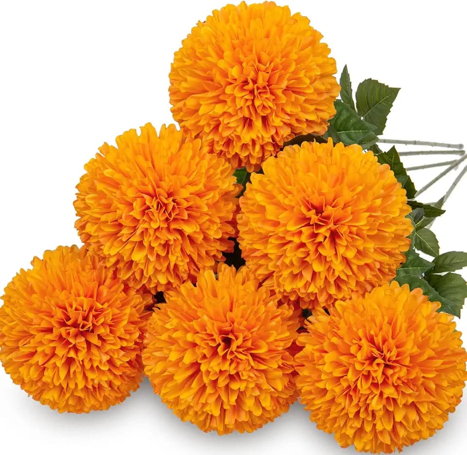 Briful Autumn Artificial Chrysanthemums Ball Flowers 4’’ Large Heads Mums Stems Orange Fake Hydrangea Flowers Bridal Wedding Bouquet for Home Garden Party Wedding Fall Harvest Decoration, Set of 6