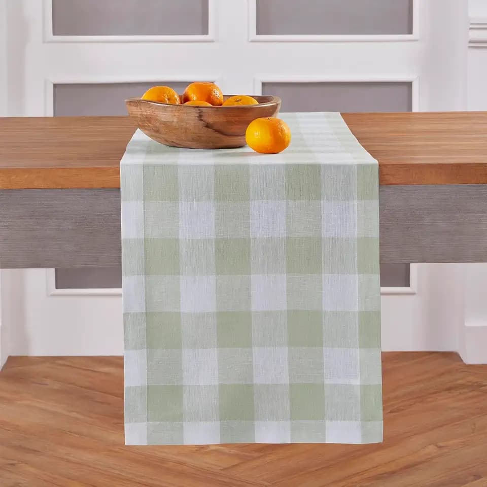 Solino Home 100% Pure Linen Table Runner, 14 x 108 in, Sage and White Check