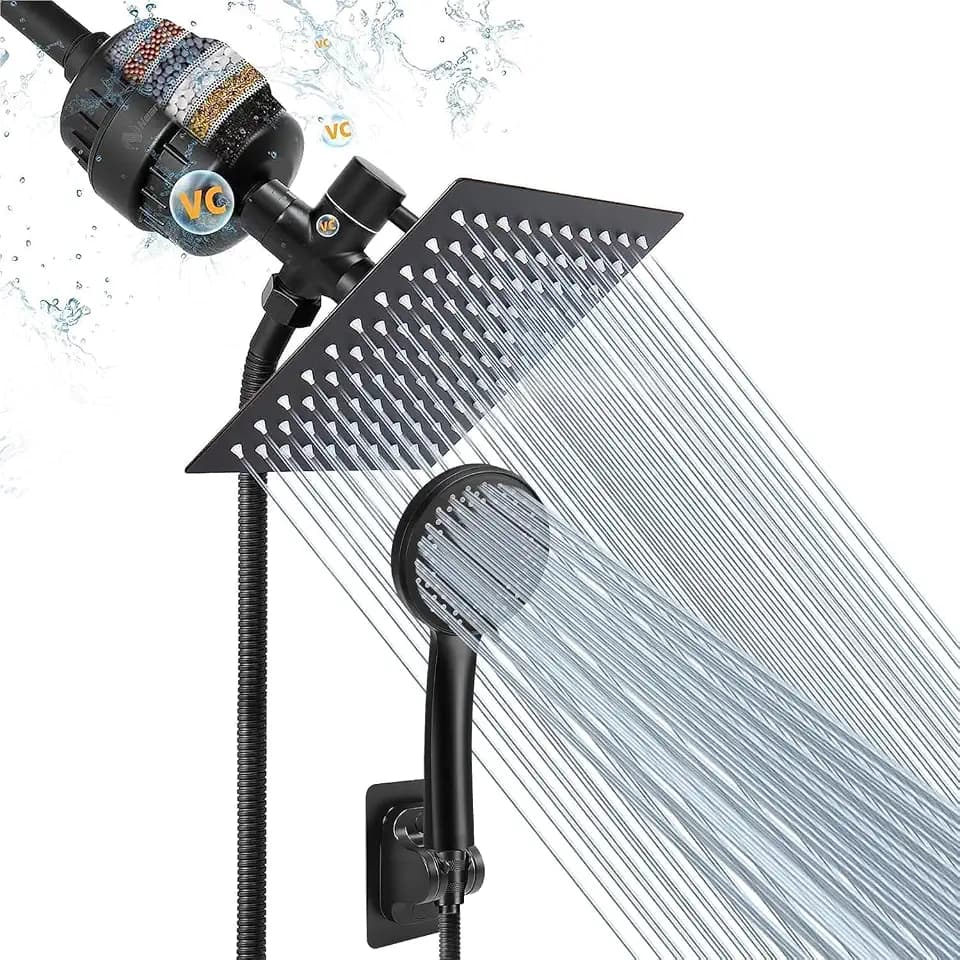 NearMoon Filtered Rain Shower Head, High Pressure 8″Square, and 5 settings Handheld Shower Filter Combo with Self-adhesive Holder/1.5M Hose -1 Replaceable Filter Cartridge (Matte Black)
