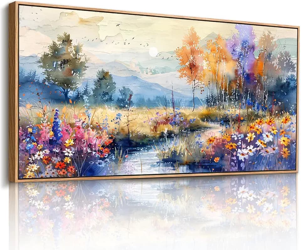 imjiayu Watercolor Wildflower Canvas Wall Art, Colorful Mountain Landscape