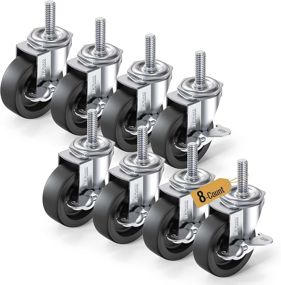 HOLKIE Stem Casters Wheels Set of 8 Standard US 3/8"-16 x 1-1/2" with Brake