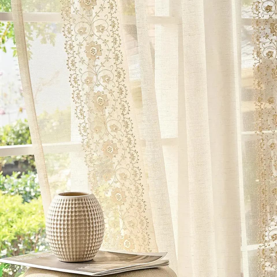 jinchan Floral Linen Curtains, Back Tab 54x96 Inch, 2 Panels Ivory