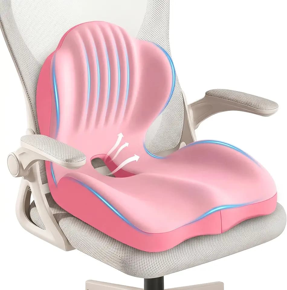 Ergonomic Waist Support and Seat Cushion, 2-in-1 Memory Foam Pad(Pink)