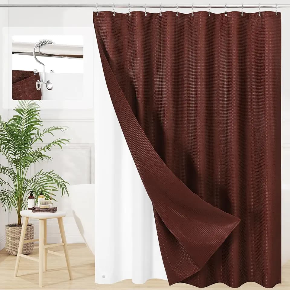 3 in 1 Brown Shower Curtain Set with PEVA Liner & 12 Hooks, 72 x 72