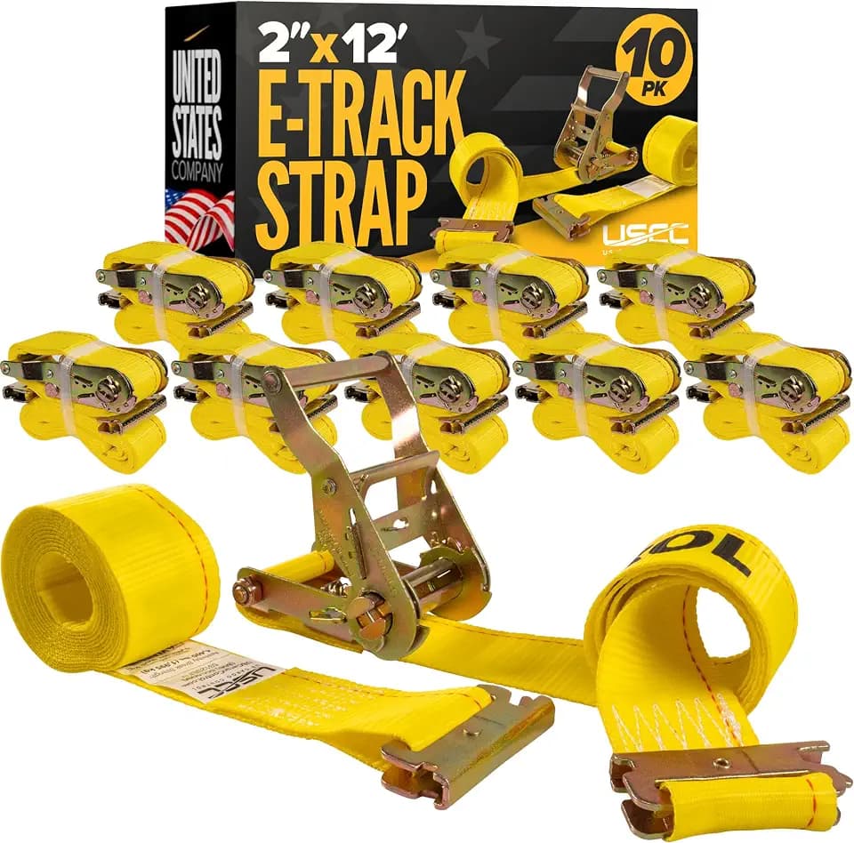 US Cargo Control E Track Straps 2" x 12' (10-Pack), 4,400 LBS Break Strength, Yellow Heavy Duty E Track Ratchet Straps with 4' Fixed End and Spring E-Fittings, Logistic Tiedowns for Box Trucks, Vans