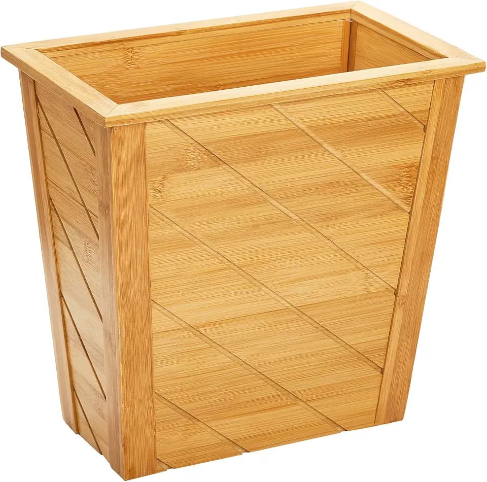 Frcctre Bamboo Waste Basket, Rectangular Compact Waste Trash Can Garbage Bin Built-in Handles Brown Container Bin for Bedroom, Office, Living Room, Kitchen, Bathroom