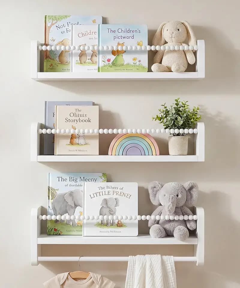 Nursery Book Shelves for Wall, White Floating Shelf for Kids Rooms
