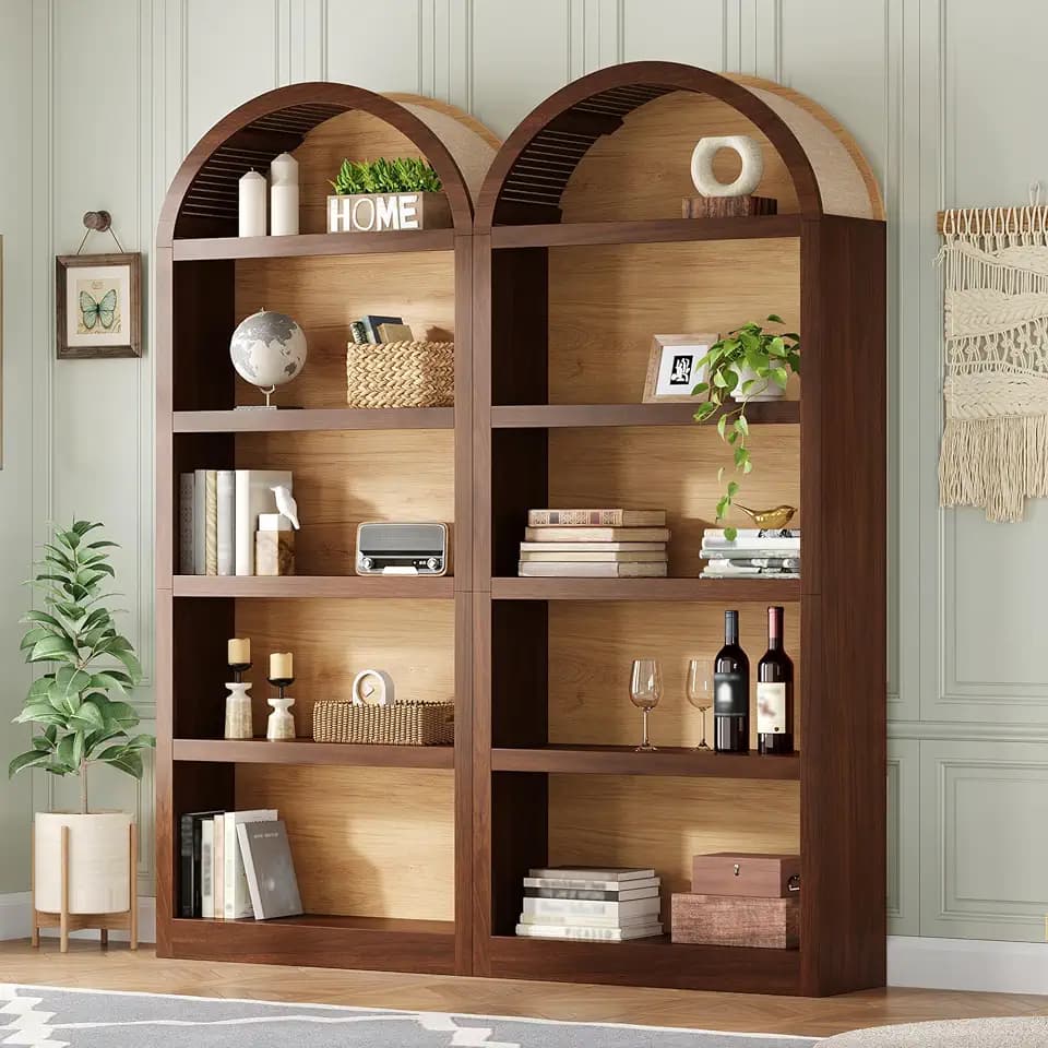 Merax Farmhouse Bookshelf Set of 2, Freestanding Tall Bookcase with Two-Tone Finish & Fabric Arched Top, 5-Tier Open Storage Cabinet for Living Room, Home Office, Bedroom, Walnut