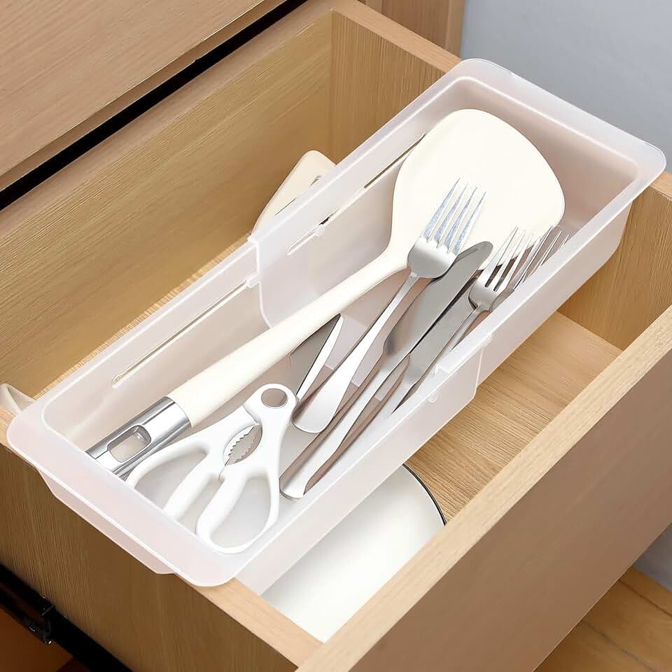 1 Pack Deep Drawer Organizer Bins, Adjustable Sliding Drawer Organizer Bin Expandable Tray for Kitchen Utensils, BBQ Tools, Towels, Durable Plastic Sliding for Easy Storage (12.4" to 18”)