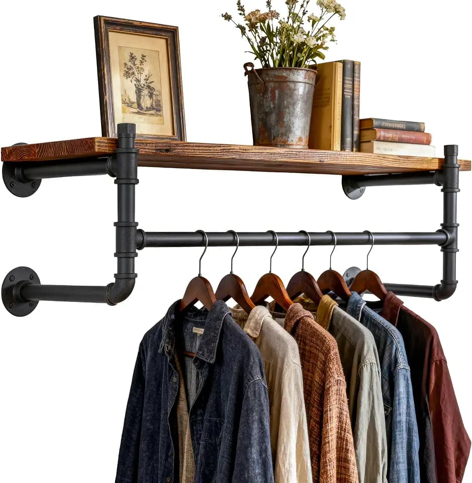 WEBI Wall Mounted Clothes Rack with Shelf,30" Industrial Pipe Clothing Rack with Shelf with Hanging Rod,Heavy Duty Iron Garment Rack Bar,Retail Display Clothes Rod for Laundry Room,Closet,Black