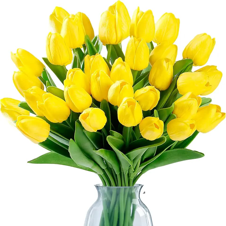 Sggvecsy 30 Pcs Fake Tulips Artificial Flowers Real Touch PU Faux Flowers Tulip Stems for Wedding Spring Bouquet Floral Arrangement Home Party Office Decorations for Mother's Day (Yellow)