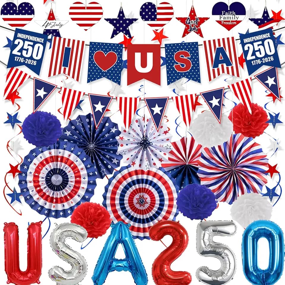 4th of July Decorations for USA 250th Anniversary, 41Pcs Patriotic Party Supplies with 3.1-Inch Wooden Star Ornaments, USA250 Foil Balloons, 1776-2026 Banner & Paper Fans for Independence Day